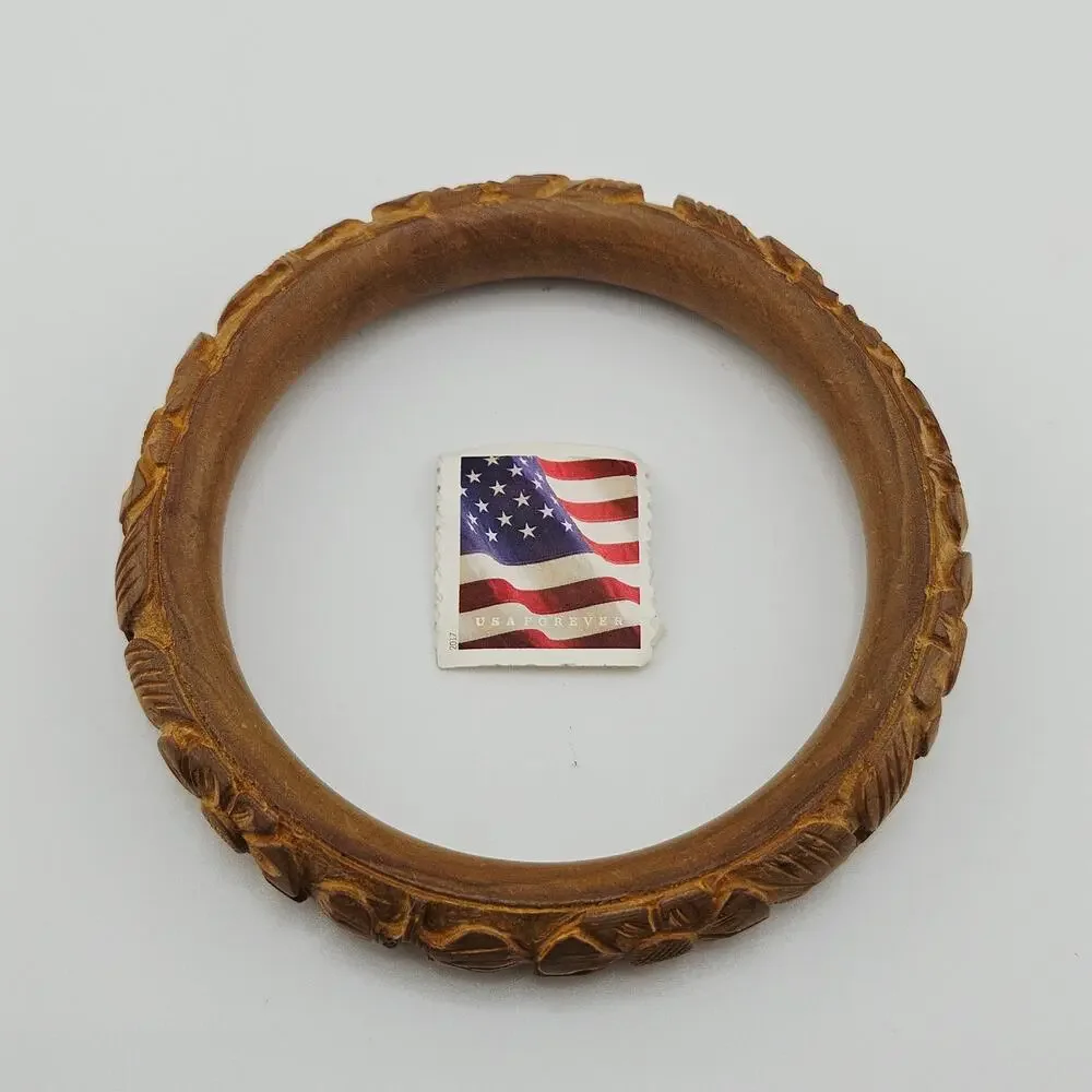 Carved Wood Style Bangle Bracelet Brown Tropical Floral Beachy Surfer Bohemian